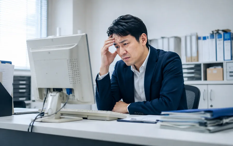 サポートが終了した古いパソコンの前で困っている事務担当者