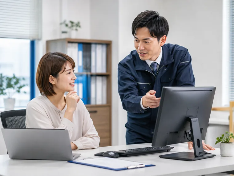 担当者がお客様にパソコンの入れ替えを説明している様子